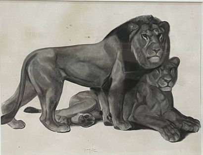 GUYOT Lucien, d'après 
Lion et Lionne
Lithographie...