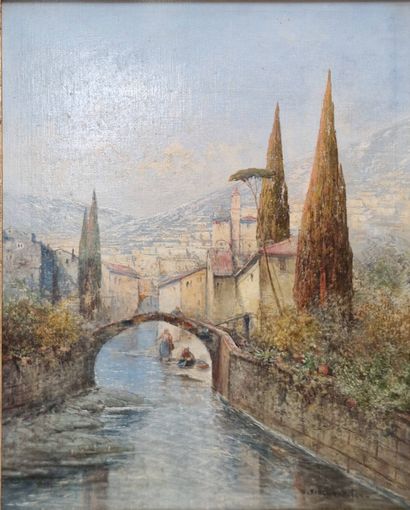 FISCHHOF Georg (1859-1914)
Village with bridge,...