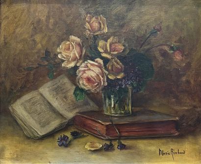 RIMBAUD Marie (XX) 
Fleurs et livres 
Huile...