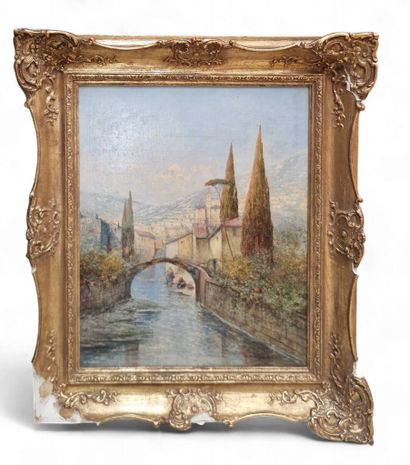 FISCHHOF Georg (1859-1914)
Village with bridge,...