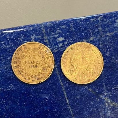 Deux pièces en or (900) : 
- 20 Francs Napoléon...