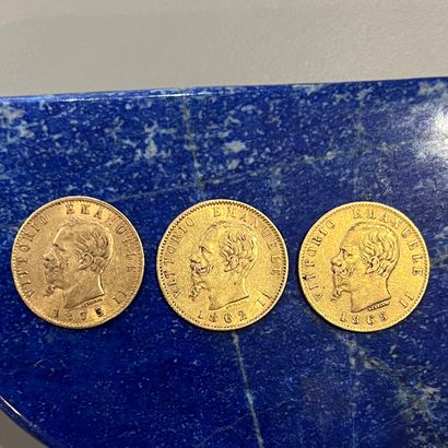 Trois pièces en or (900) de 20 Lires (1862,...