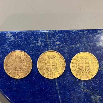 Trois pièces en or (900) de 20 Lires (1862,...