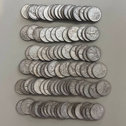 Lot de 101 pièces en argent (835) de 5 Francs...