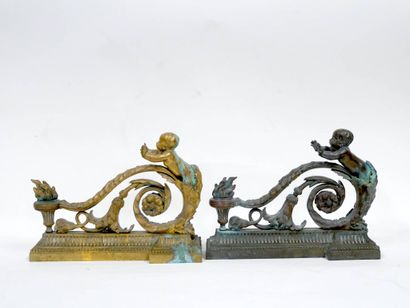 Paire de chenets en bronze à patine dorée,...