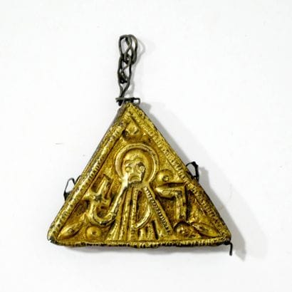 Icône reliquaire triangulaire en bronze doré
Russie,...