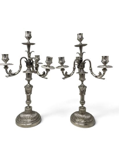 Pair of three-armed silver plated candelabra...