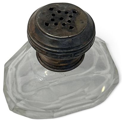 Salt shaker made of cut glass with a silver...