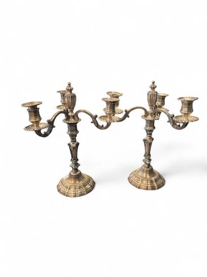 Pair of 3-light candelabra on pedestal in...