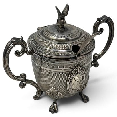 Silver (950) mustard jar with a guilloché-decorated...