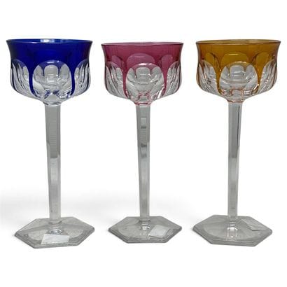 Baccarat
Three colored crystal wine glasses,...