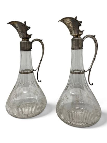 Pair of crystal ewers with silver-plated...