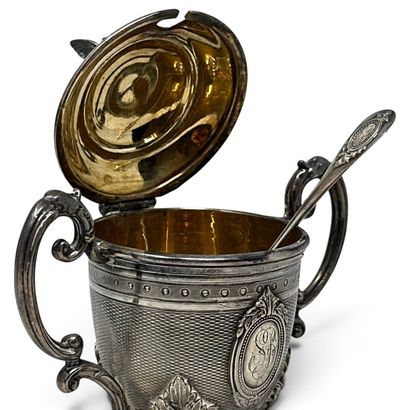 Silver (950) mustard jar with a guilloché-decorated...