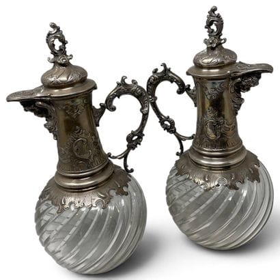 Pair of cut crystal ewers with silver (at...