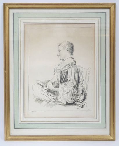 D'après WATTEAU 
Femme assise sur une chaise
Gravure,...