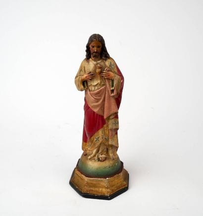 Statuette du Sacré-Cœur de Jésus en bois...