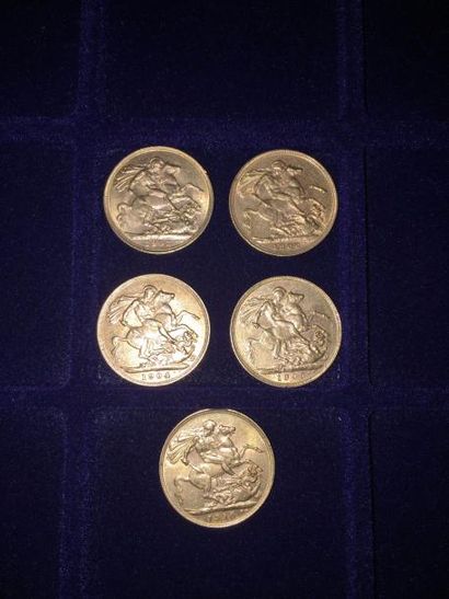 SOUVERAIN, 5 pièces anglaises en or à l'éffigie...