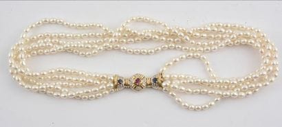 COLLIER PERLES, OR 14K, DIAMANTS, SAPHIRS...