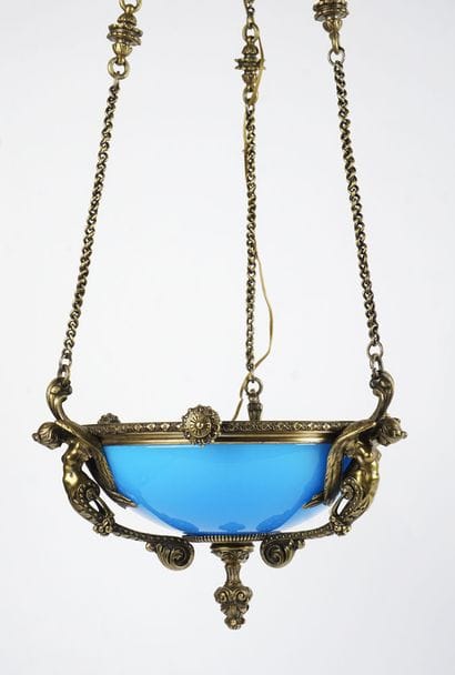 Chandelier, opaline set with bronze decorated...