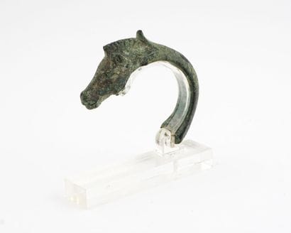 Roman bronze oil lamp handle, horse-shaped....