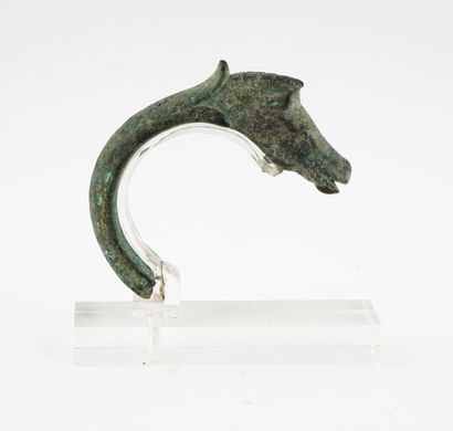 Roman bronze oil lamp handle, horse-shaped....