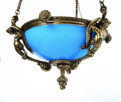 Chandelier, opaline set with bronze decorated...