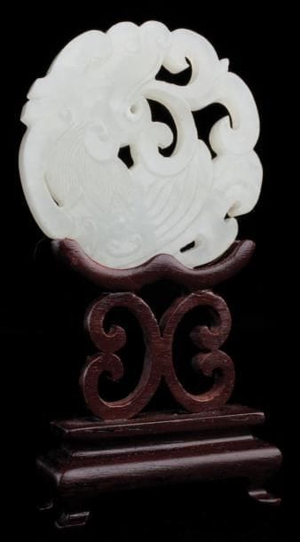 ANTIQUE PLAQUE EN JADE BLANC AJOURÉE D'UN...