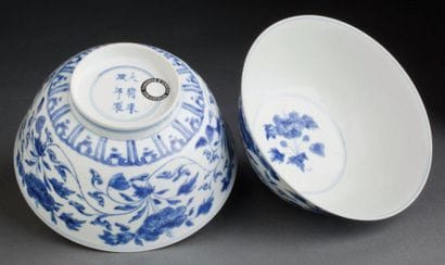 PAIRE DE BOLS EN PORCELAINE BLEU ET BLANC...