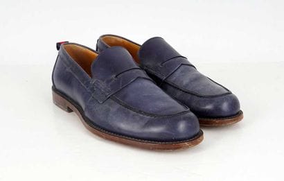 GUCCI
Blue leather penny loafers. 
Men's...