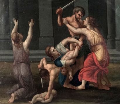 ÉCOLE FRANÇAISE XVIIIe
Le massacre des Innoncents.
Huile...