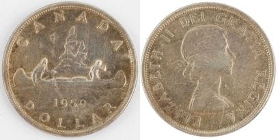 1$ CANADA 1959
Une pièce de 1 dollar de Canada...