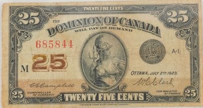 DOMINION OF CANADA 1923
Billet de 25 cents...