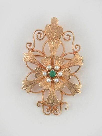 Broche ancienne en or rose 14K, sertie de...