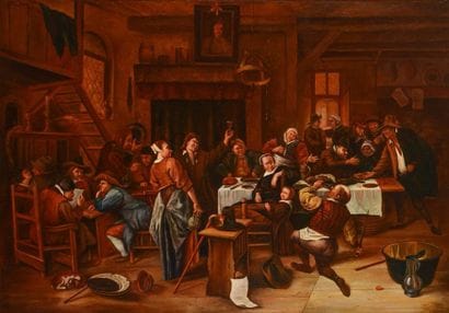 D'après J. Steen La taverne Huile sur toile...