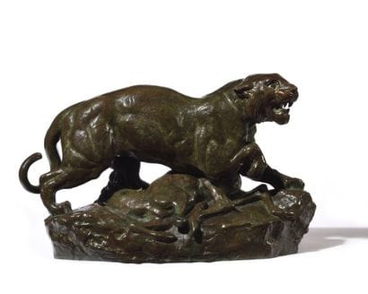 Tigre terrassant une biche Épreuve en bronze...