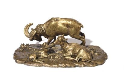 Famille de bouquetins Épreuve en bronze doré,...