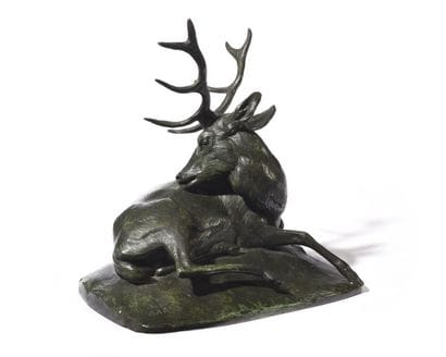 A-L BARYE	 Cerf couché Épreuve en bronze...