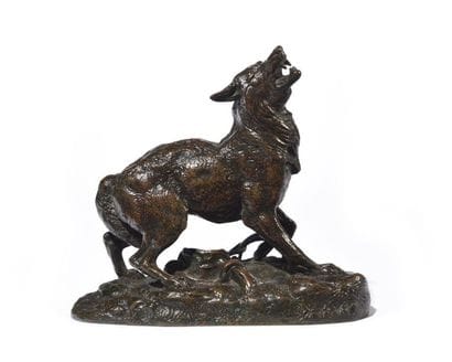 Loup pris au piège Épreuve en bronze patiné,...