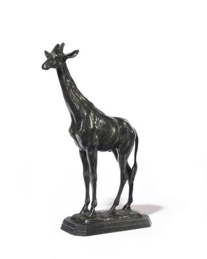 A-L BARYE	 Girafe Épreuve en bronze patiné,...