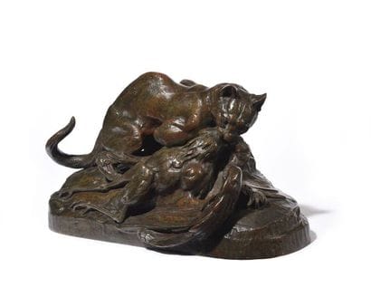 Ocelot emportant un héron Épreuve en bronze...