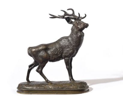 Cerf qui écoute Épreuve en bronze patiné,...