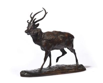 Cerf du Gange Épreuve en bronze patiné, signée,...