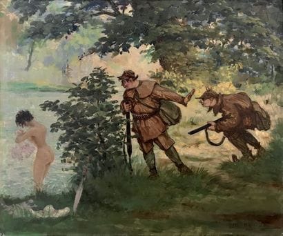 GASTON LE BEUZE (XXe) Les chasseurs Huile...