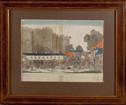« Prise de la Bastille ». Gravure aquarellée...