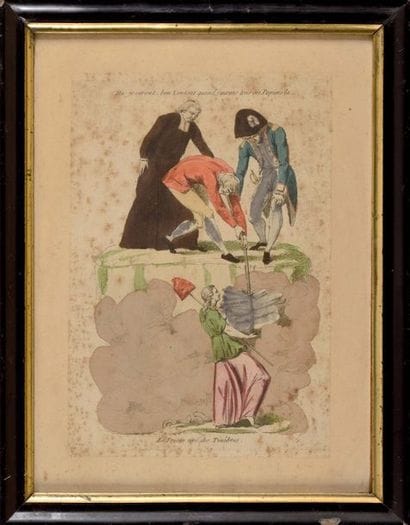 Deux gravures aquarellées. a-« Les Trois...