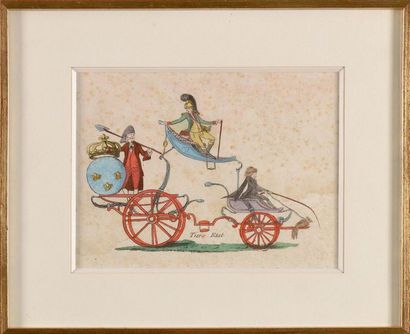 Deux gravures aquarellées. a-« Les Trois...