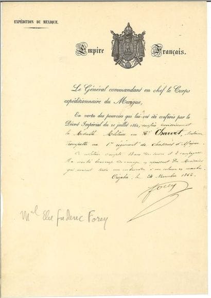 FOREY (Élie-Frédéric). Signed document. Orizaba[in...