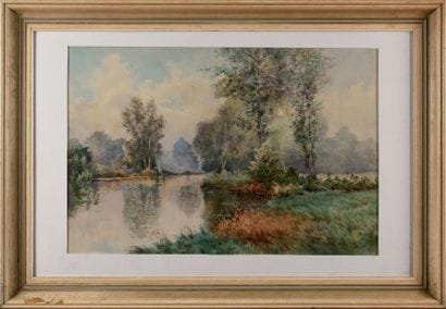 Auguste ALLONGÉ (1833-1898) Paysage à l'étang...