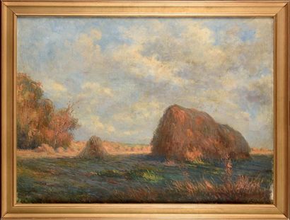 Paul VOGLER (1852-1904) Paysage aux meules...