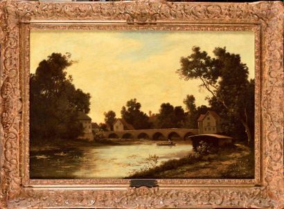 Léon RICHET (1847-1907) Paysage au pont Huile...